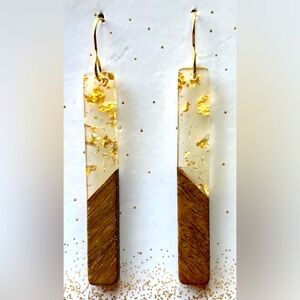 Gold Flake Resin Wood Bar Earrings